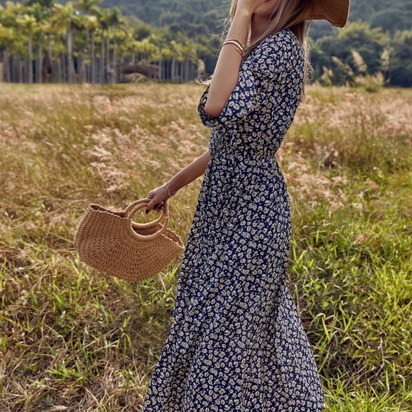 Boho Floral Print V neck Slit Ruffle Sleeve Dress - Picture 2 of 6